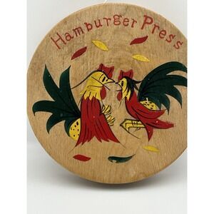 VINTAGE WOODEN CHICKEN ROOSTER HAMBURGER PRESS 6" Fighting Roosters Folk Art 010